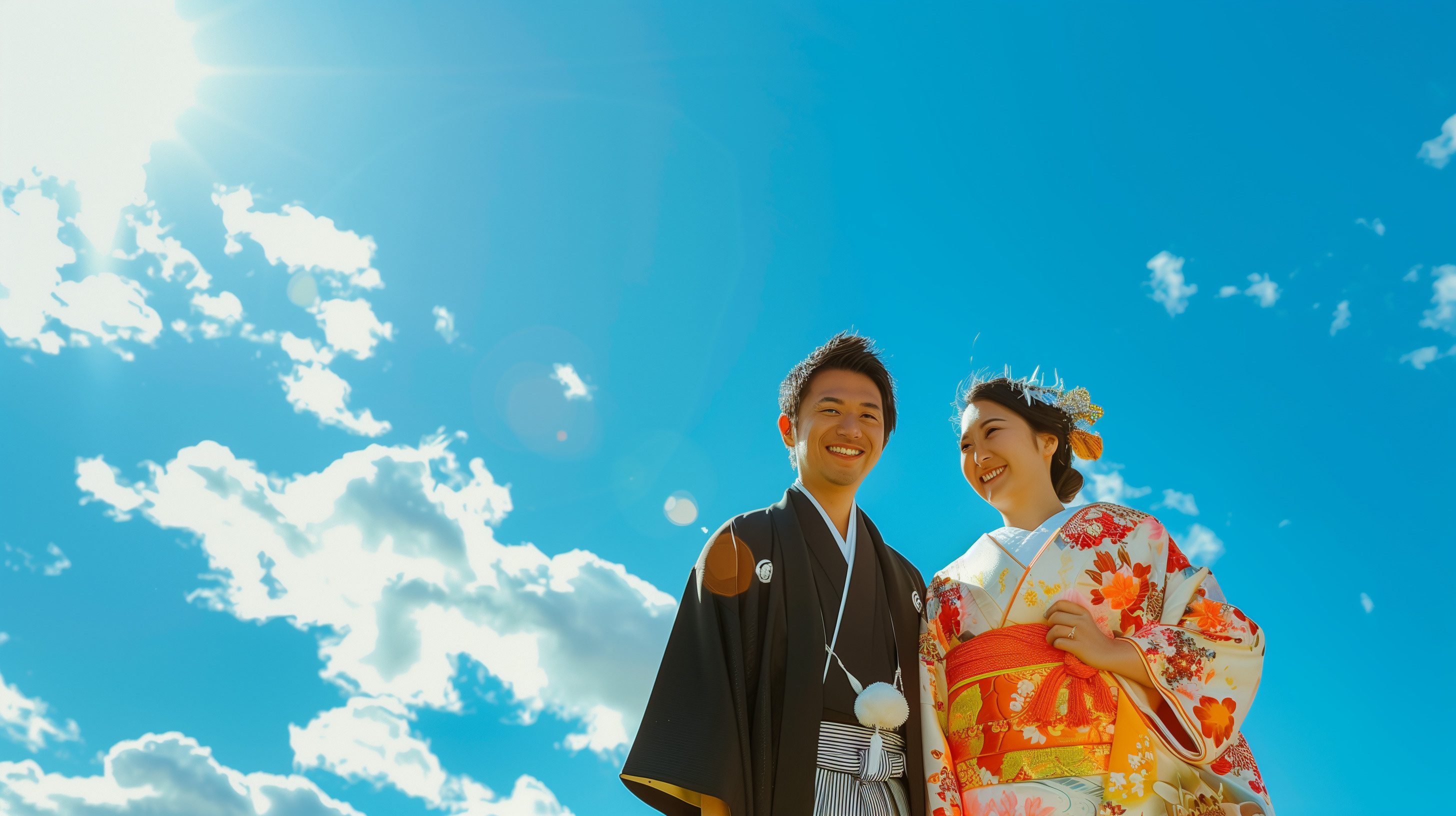 高知の海と和装のカップル